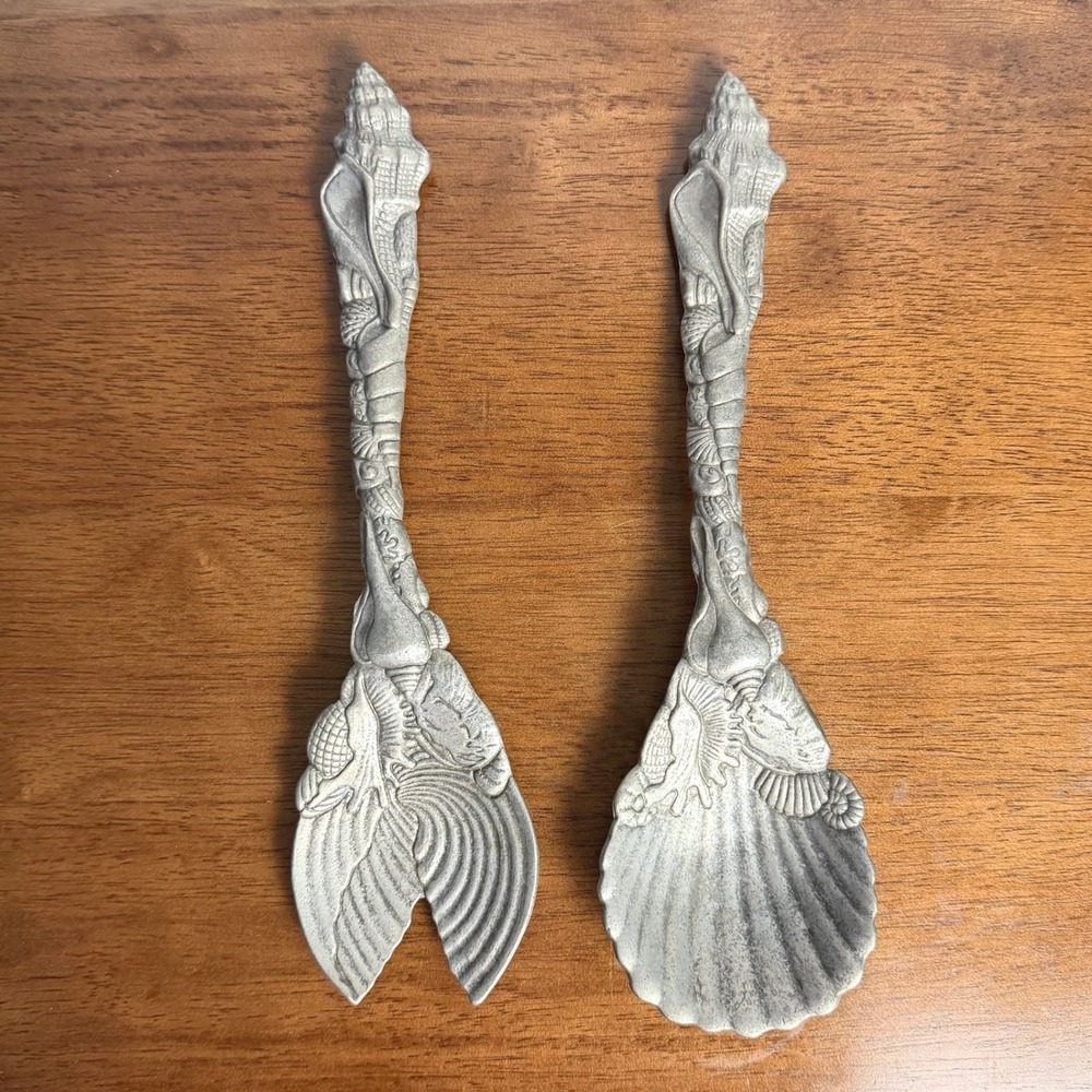 VTG Arthur Court 1993 Seashell Salad Servers Aluminum Set of 2 Spoon Fork Beach